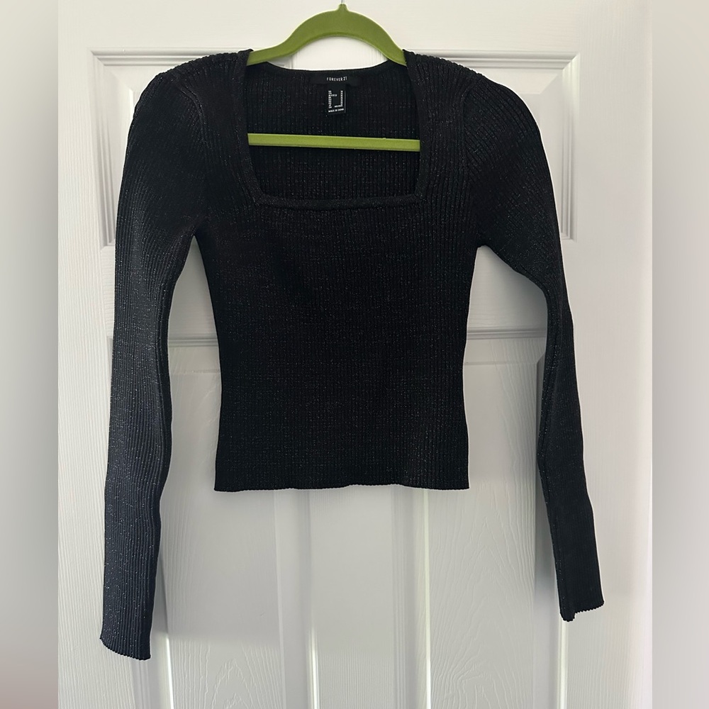 Forever 21 Square Neck Sweater Black with Silver Thread Size M NWOT